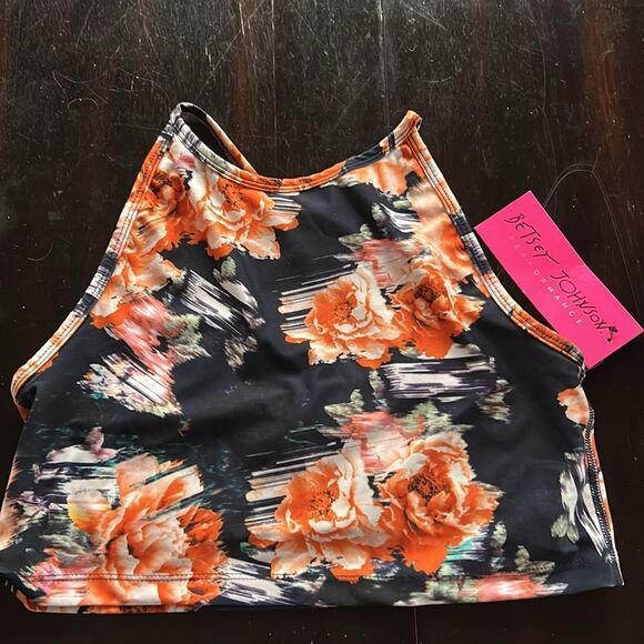 Betsy Johnson Sports Bra Floral Halter Neck Top shelf bra black orange white L - Picture 3 of 11